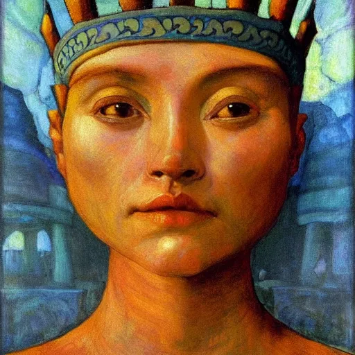 Image similar to the crown of bees, by Annie Swynnerton and Nicholas Roerich and Diego Rivera, blue skin, elaborate costume, geometric ornament, rich color, dramatic cinematic lighting, smooth, sharp focus, extremely detailed