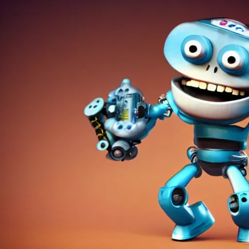 Image similar to a cool mechanic robot chick, with a tv head and gears and bolts everywhere on its body, doing karate moves in the air and swinging an electric guitar, 3 d render by pixar and disney,