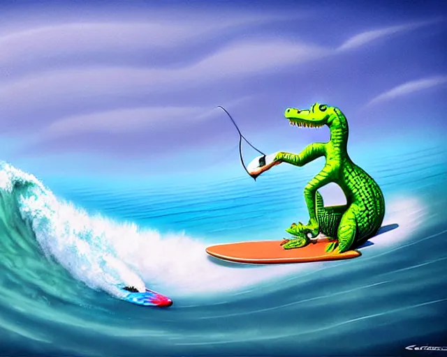 Prompt: a crocodile surfing on a longboard, tube wave, funny cartoonish, by gediminas pranckevicius h 7 0 4