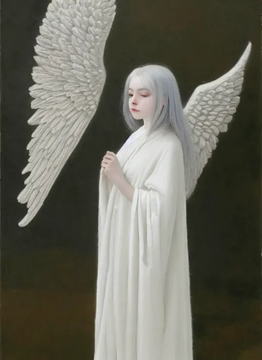 Image similar to thin young beautiful angel with silver hair so long, pale!, wearing white robes!, wearing silver hair, silver angel wings, young adorable korean face, silver hair!!, oil on canvas, style of fernand khnopff, 4 k resolution, aesthetic!,