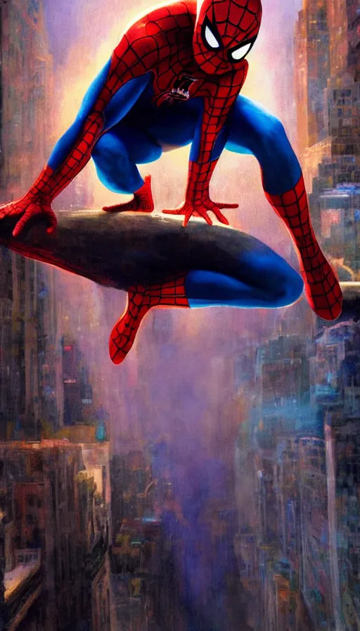 Prompt: tobey maguire's spider - man close up, movie poster, yellow lighting, alex ross, new york, air brush, oil paint, radiant light, caustics, heroic, bright iridescent light, by gaston bussiere, by bayard wu, by greg rutkowski, by maxim verehin