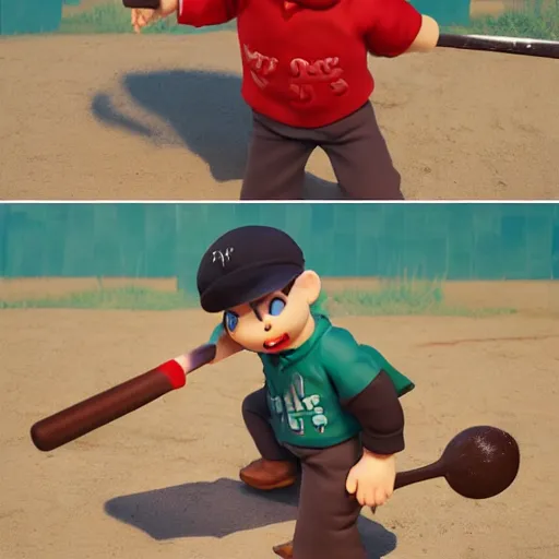 Image similar to ness from earthbound striking a giant chocolate cookie with a baseball bat, smashing it to bits by ruan jia. artstation, volumetric light, detailed, photorealistic, fantasy, rendered in octane