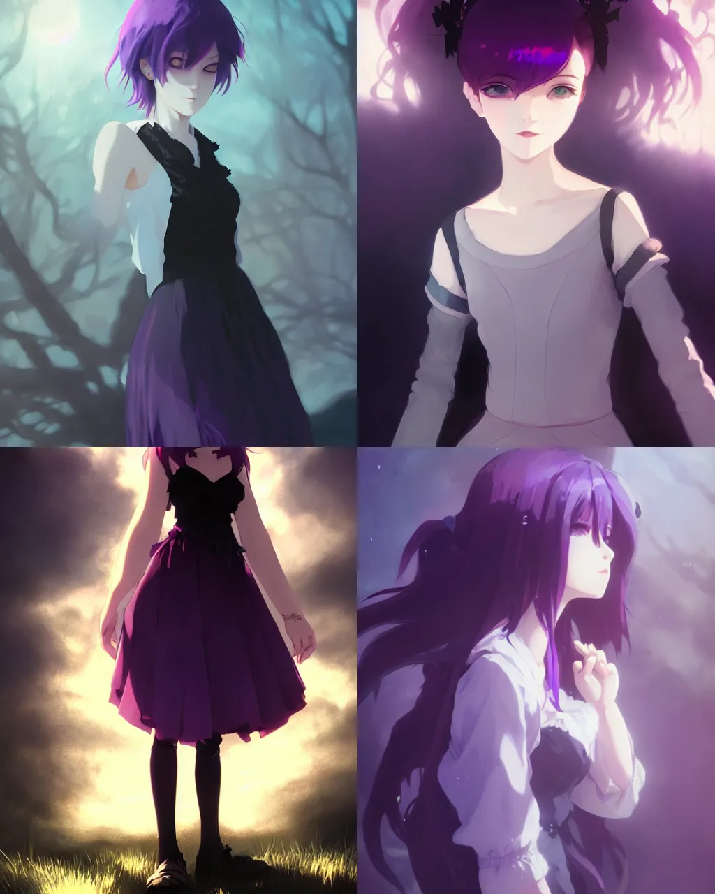 Prompt: girl with purple hair and black gothic skirt, a beautiful portrait, atmospheric lighting, perfect shadow, art by hidari and makoto shinkai and wenjun lin
