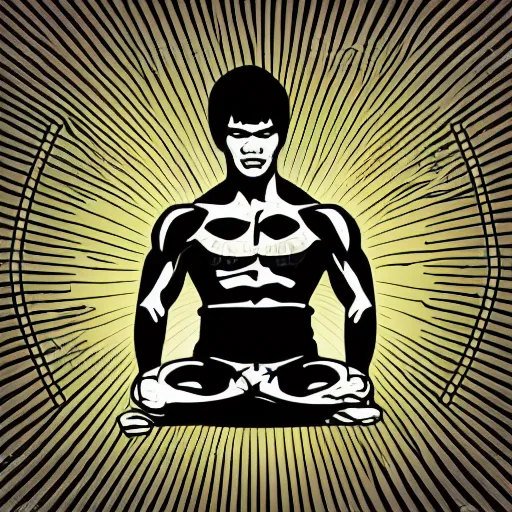 Prompt: bruce lee in lotus position on beach, muscles, beautiful, sticker, colorful, illustration, highly detailed, simple, smooth and clean vector curves, no jagged lines, vector art, smooth