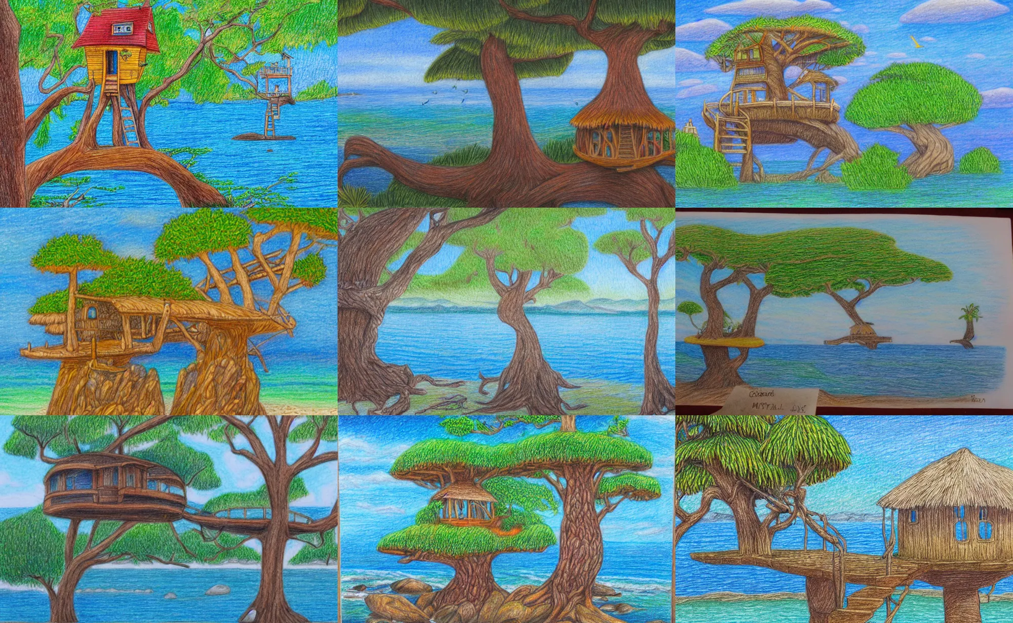 Prompt: colored pencil drawing of a mystical island treehouse on the ocean