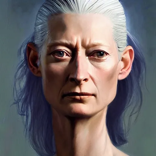 Image similar to ultra realistic portrait painting of tilda swinton as geralt of rivia, art by frank frazetta, 4 k, ultra realistic, highly detailed, epic lighting