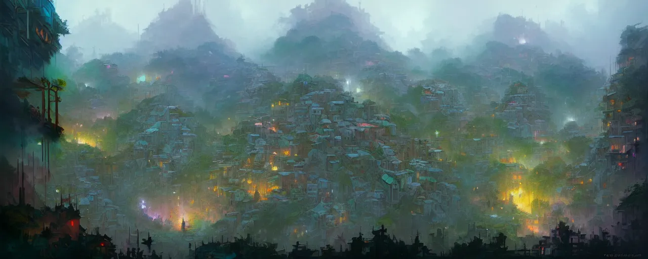 Image similar to cloud forest favelas by peter mohrbacher and craig mullins and james jean and marc simonetti