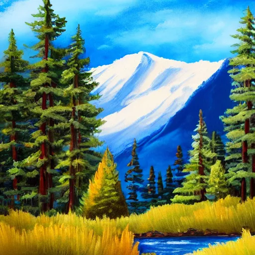 Image similar to Bob-Ross-Style-Landscape-Painting of a huge mountain and pine trees