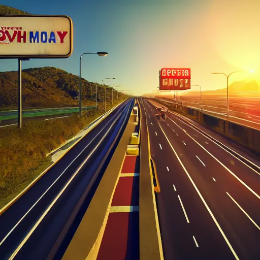 Image similar to of a advertisement with a scene of a highway with words written on the road in front of the viewer, occlusion shadow, specular reflection, rim light, unreal engine, octane render, artstation, art jiro matsumoto, high quality, intricate detailed 8 k, sunny day