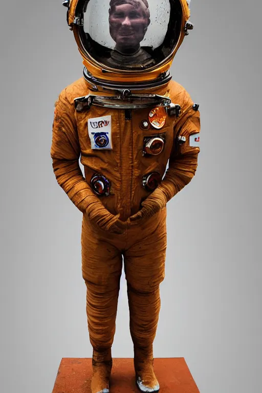 Image similar to a beautiful sculpture of a cosmonaut in space suit by christophe charbonnel, rust and plaster materials