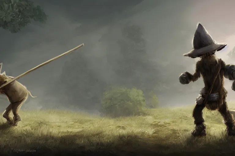 Image similar to a lone brownish whiteish kobold traveling the long dirt road carrying a bindle stick, d & d, fantasy setting, character concept art, 4 k, digital art