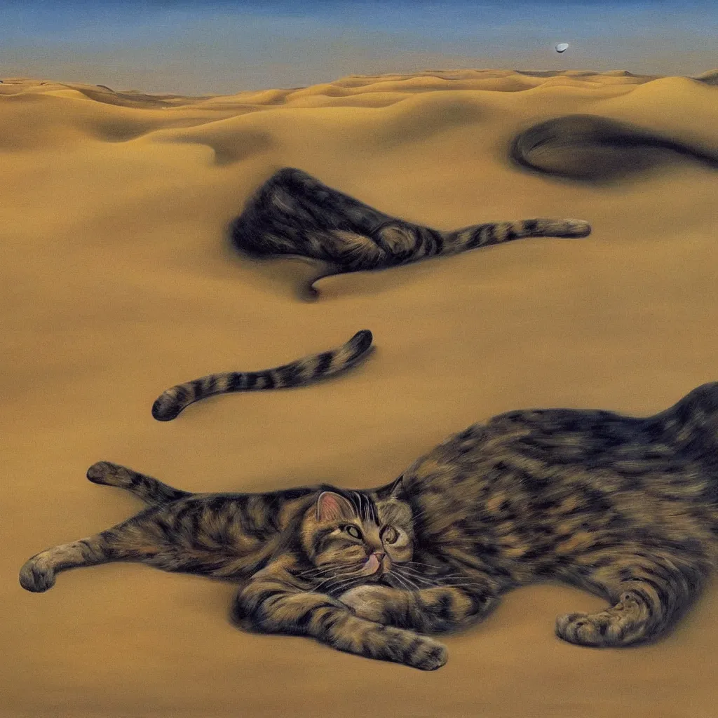 Image similar to an untradetailed oil painting of a melting cat lying on flowing desert, landscape with dunes and oasis far away, hyper realistic, magic, fantasy, by salvador dali