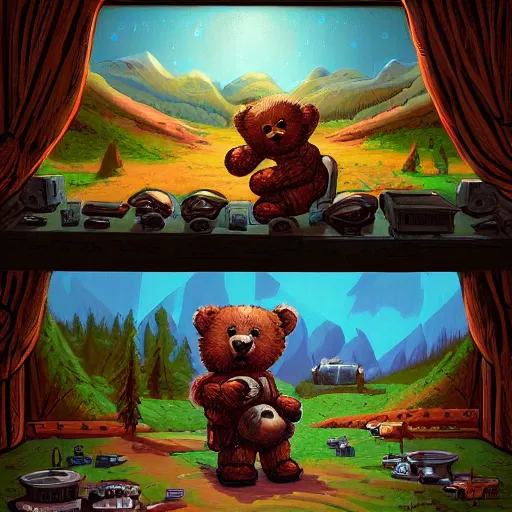 Prompt: a paint of dan mumford, of a robotic teddy bear painting a picture of a cute bear, in the background an apocalyptic panorama, artstation