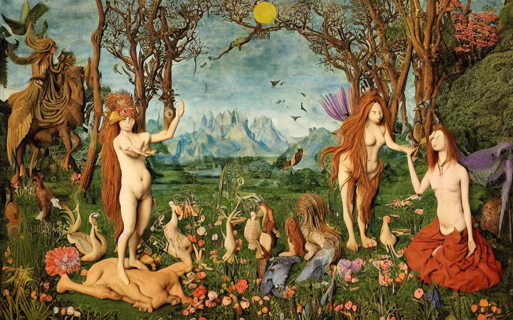 Image similar to a photograph of a meditating centaur shaman and a harpy mermaid feeding animals. surrounded by bulbous flowers, a few trees and wild animals. river delta with mountains and cliffs under a blue sky full of burning stars and birds. painted by jan van eyck, max ernst, ernst haeckel, ernst fuchs and artgerm. trending on artstation