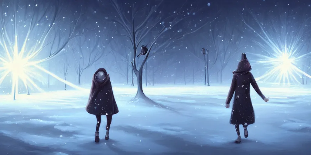 Image similar to a painting of a person walking in the snow, concept art by cyril rolando, featured on deviantart, metaphysical painting, anamorphic lens flare, 2 d game art, concept art