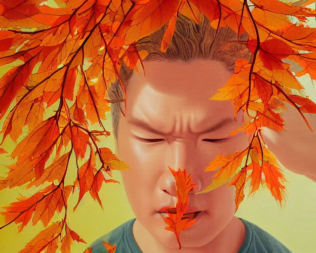 Image similar to highly detailed pastel colors painting of aquaman sneezing, warm glow, morphing into a whirlwind of autumn leaves, by hsiao - ron cheng, smooth composition, fine patterns and detail