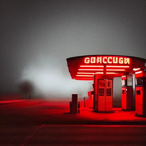 Image similar to “soviet gas station, fog, night, atmospheric lighting, red lights, digital photography”