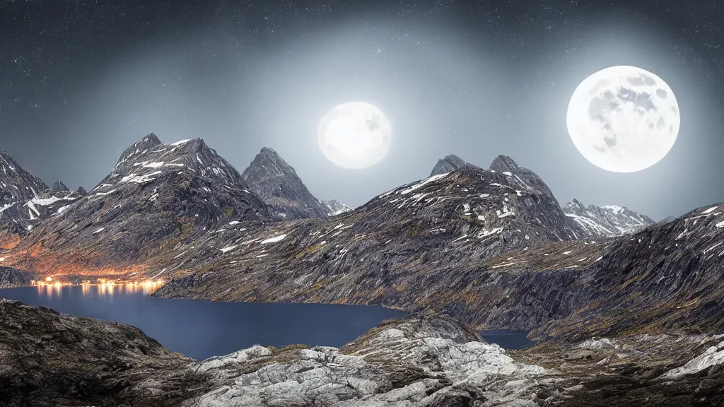 Image similar to a night view of the full moon above fjords, dark, very dark, blue, almost black, dark, dark, dark, dark, moon on the right, moon on the right, moon located on the right, the moon is on the right side, matte painting, concept art, 4 k