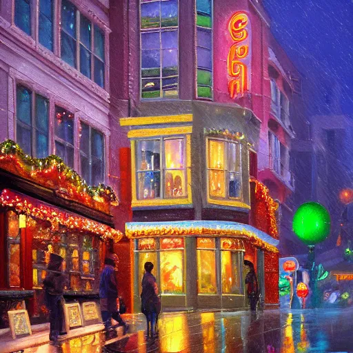 Image similar to a painting of a street corner in Haight neighborhood with a coffee shop covered in christmas lights, by Tyler Edlin, behance contest winner, american scene painting, concept art, streetscape, rainy, cozy