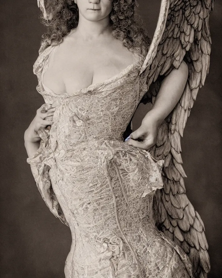 Image similar to a renaissance styled baroque photograph of an anatomically correct woman angel wearing an intricate lace corset by aj hamilton