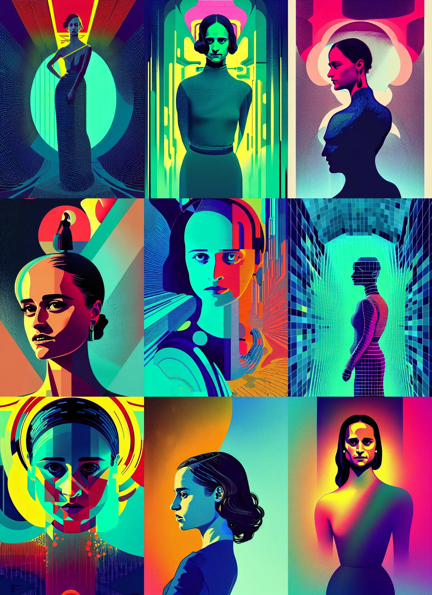 Prompt: ( ( dither ) ), editorial illustration portrait of alicia vikander in a spacestation interior, dynamic pose, modern art deco, colorful, ( ( mads berg ) ), christopher balaskas, victo ngai, rich grainy texture, detailed, dynamic composition, wide angle, matte print, alphonse mucha, ( ( glitch art pixel sorting ) )