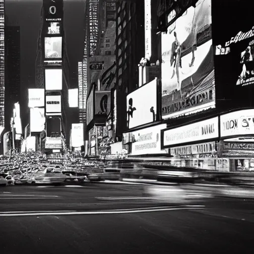 Image similar to a vivid photo of a unicorn galloping through times square in the 8 0 s, there are cars, long exposure