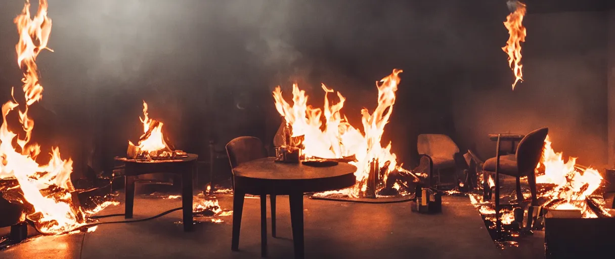 Image similar to a studio photograph (flash on) of a big fire on a dining room on fire, an human-like relaxed dog sitting on a wooden chair at a table (no fire at all there), lights on, ☕ on the table, surrounded by flames, a lot of flames behind the dog, black smoke instead of the ceiling, no watermark