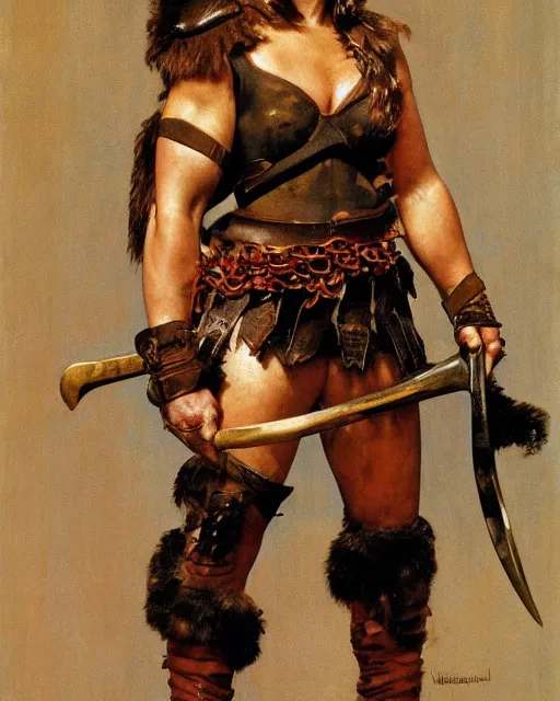 Image similar to portrait of a beautiful savage muscular barbarian female with light leather armor, by norman rockwell
