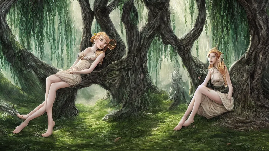 Prompt: female elf relaxing under large willow tree, natural lighting, D&D, fantasy, intricate, elegant, highly detailed, digital painting, sharp focus, illustration