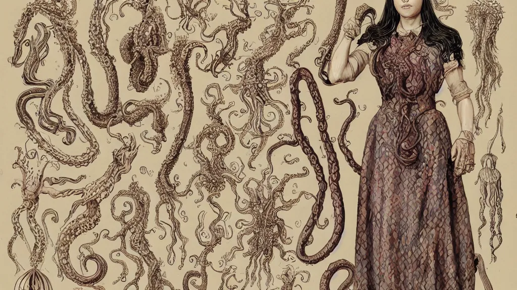 Prompt: aged paper, colorful character sheet for a stocky alien extraterrestrial female servant maid with thick snake - like tentacles instead of hair, long dress with apron, ernst haeckel, coherent, illustration, digital art, trending on artstation, hd, 8 k, good lighting, beautiful, rough paper, masterpiece