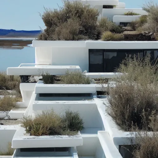 Image similar to habitat 6 7, white lego architect building in the dessert, many plants and infinite pool