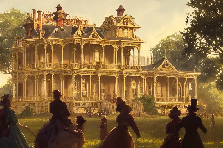 Image similar to an ornate victorian palace, party in front, scene in an open field. 1 8 9 0, key visual, conceptart, ambient lighting, highly detailed, digital painting, artstation, concept art, sharp focus, by makoto shinkai and akihiko yoshida and greg manchess