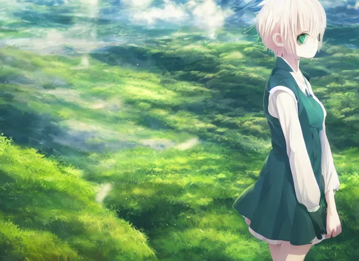 Image similar to illustration of a wide shot green hills with clouds in the background, cute anime girl with platinum blonde hair and big eyes close to foreground, anime key visual, official media, illustrated by wlop, extremely detailed, 8 k, trending on pixiv, cinematic lighting, beautiful