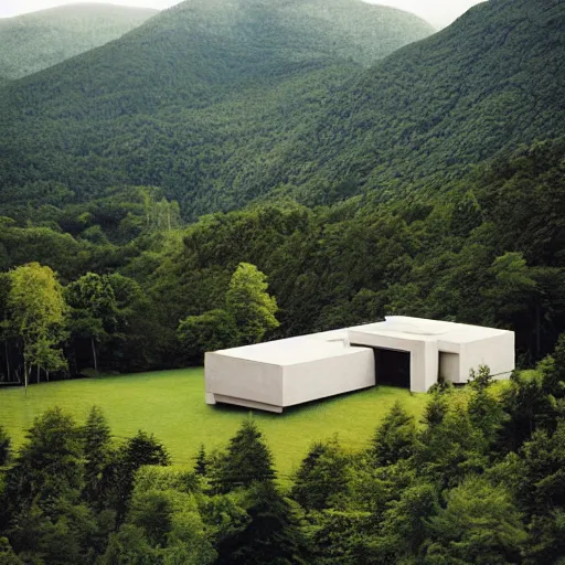 Image similar to lush and beautiful green mountain landscape, with a brutalist futuristic building, architecture, unpainted concrete, by aalto alvar, by ando tadao, by chipperfield david, frank lloyd wright, by peter zumthor