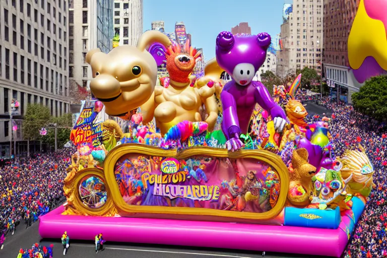 Image similar to photo of giant elaborate parade float designed by geoff darrow!!!! and ( ( ( ( ( ( lisa frank ) ) ) ) ) ), in the macys parade, detailed 4 k photo