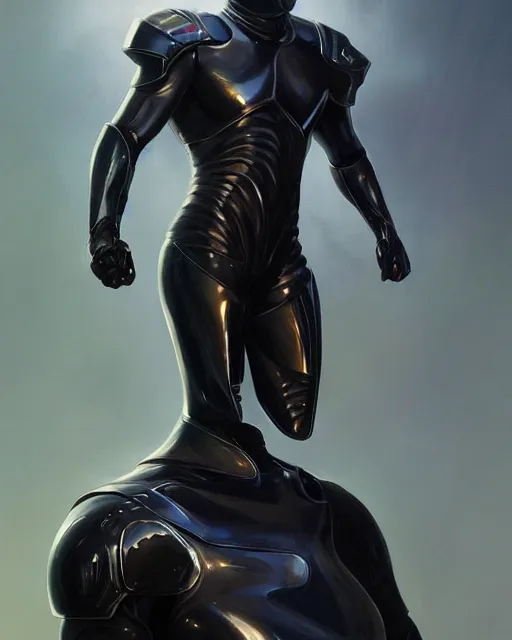 Image similar to iridescent sinewy smooth muscular male sleek glossy black pearlescent scifi armor with smooth black featureless helmet, by greg rutkowski and mark brookes and jim burns and tom bagshaw and magali villeneuve, trending on artstation