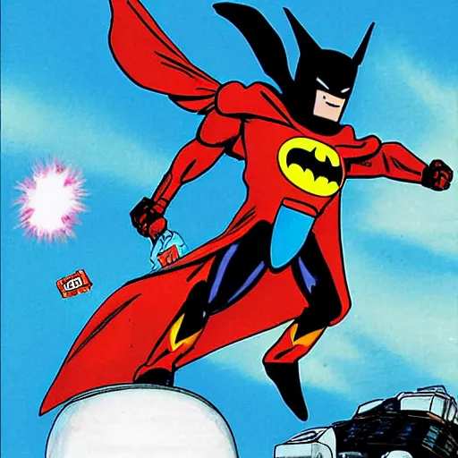 Prompt: wingsuit batman holding a rocket laucher at iron man by akira toriyama