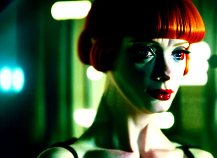 Image similar to filmstill of christina hendricks in bladerunner wearing a cyberpunk costume, 1 0 0 mm lens, canon eos, red cinema camera, frontal view, dynamic pose, intricate, elegant, highly detailed, centered, redshift, octane, smooth, sharp focus, zeiss lens,