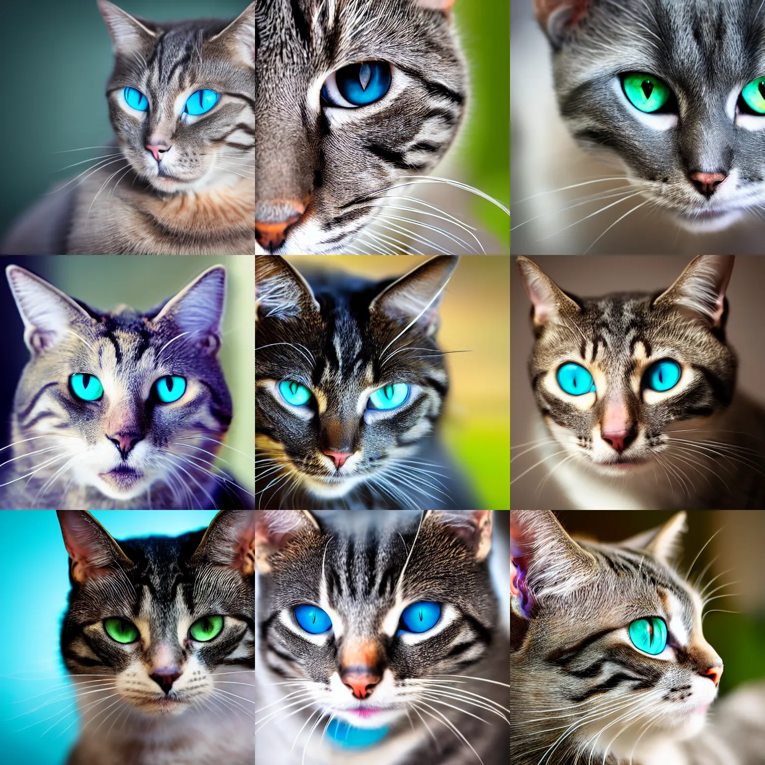 Prompt: Professional high resolution HDR portrait photo of a cat with turquoise eyes. Low saturation. Dark background.