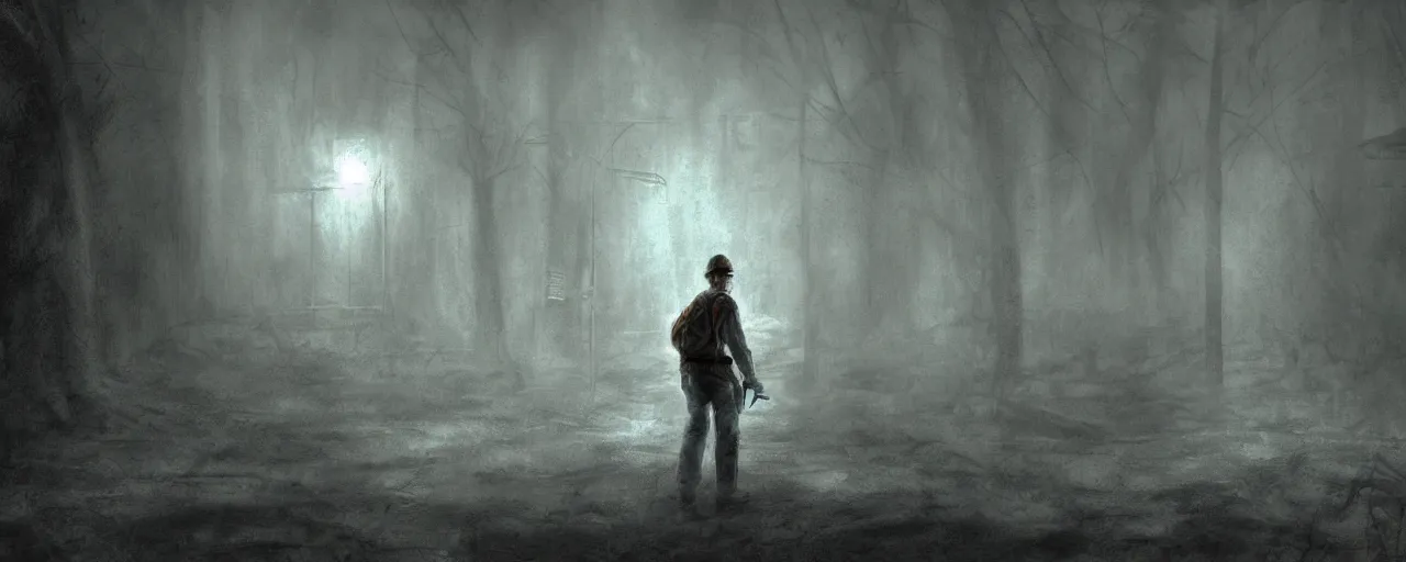 Image similar to concept art of mario trapped in silent hill, resident evil, horror, occult, terror, mist, volumetric render, digital painting, detailed painting