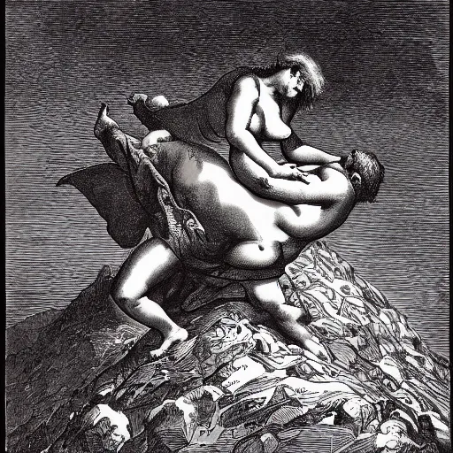 Prompt: Sisyphus carrying a fat lady on his shoulders up a mountain in hell, by Gustave Dore, rich colors, dark red orange brown black color palette