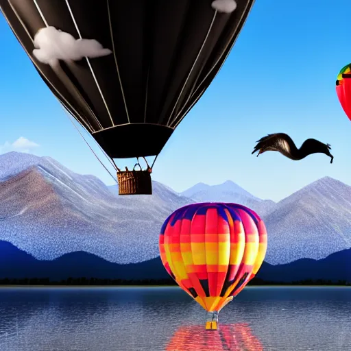 Image similar to realistic extremely detailed photo of a hot air balloon with a picture of two black swans swimming, touching heads, forming a heart with their necks flying above a reflective mountain lake, granular detail, holographic krypton ion, octane render, 4k, f32,55mm photography, wide angle