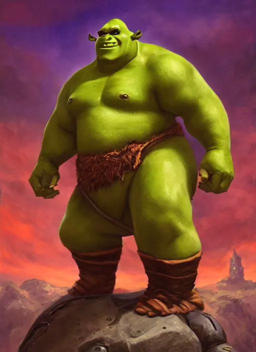 Prompt: dramatic oil painting of full body shrek as thrall from world of warcraft, artstation, shrek, epic, dramatic, shrek ogre,