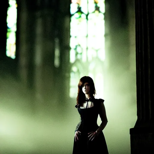 Image similar to medium shot of mary elizabeth winstead as a vampire in a gothic cathedral at night, gloomy, cinematic, ground mist, volumetric light.