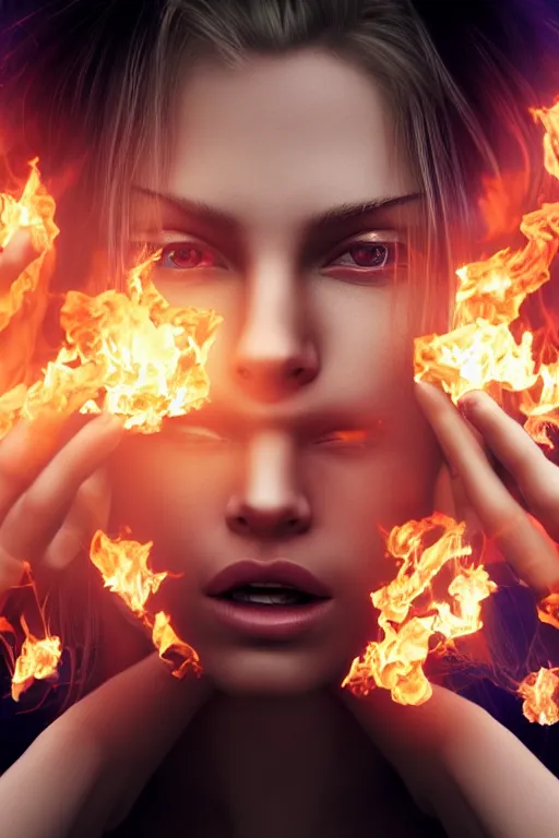 Prompt: gorgeous young blonde woman playing with flames coming out of her eyes wearing t-shirt, cyberpunk, realistic, high definition, many details, dramatic scene, symmetrical face, realistic eyes, unreal engine art 5