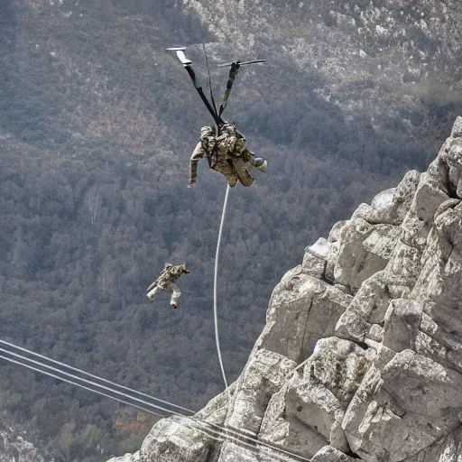 Image similar to Special Forces in grey uniform rappelling from a helicopter in Ukraine 2022, photo by Adam Ferguson, Pulitzer Winning, cinematic composition, breathtaking, modern, 2022