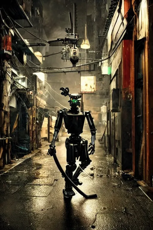 Prompt: an old robot with treads swinging a samurai sword. Rainy Grungy neon cyberpunk alleyways in the background Badass pose , Photo realistic , Gregory Crewdson , Award winning. Masterpiece, exquisite detail, post processing