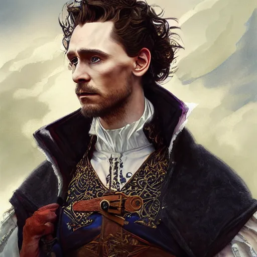 Image similar to a man wearing a doublet, tom hiddleston, painted fantasy character portrait, highly detailed, digital painting, artstation, concept art, sharp focus, illustration, art by artgerm and greg rutkowski and alphonse mucha