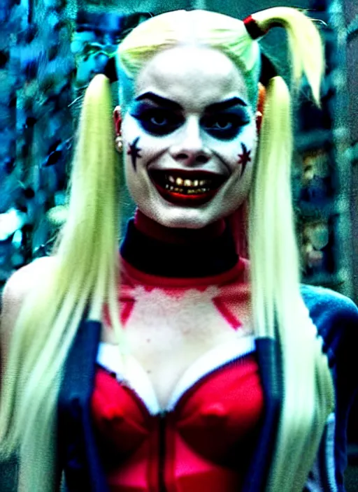 Image similar to 2 8 mm photo of beautiful suicide squad happy margot robbie with long white hair that looks like harley quinn standing on the wet street of dystopian gotham city at night, angry frown, seductive camisole, pinup model, glamour fashion pose, cinematic, volumetric lighting octane, ridley scott,