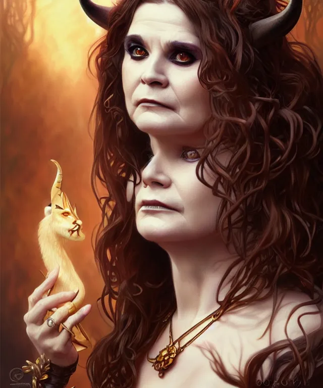 Image similar to ozzy osborne as a female fantasy satyr, portrait, fantasy, intricate, elegant, highly detailed, digital painting, artstation, concept art, smooth, sharp focus, illustration, art by artgerm and greg rutkowski and alphonse mucha